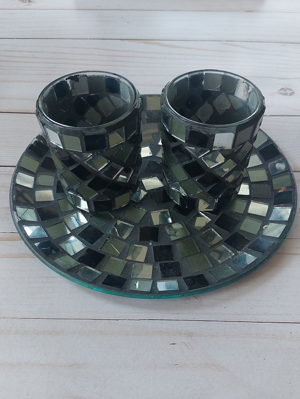 Glass Mosaic Double Candle Holder Tray - Gray Mirror Finish